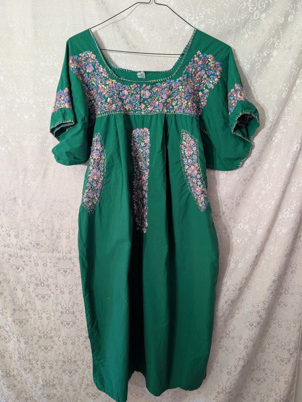 VTG 70s 80s San Antonino Mexican Dress Hand Embroidered Oaxacan Midi